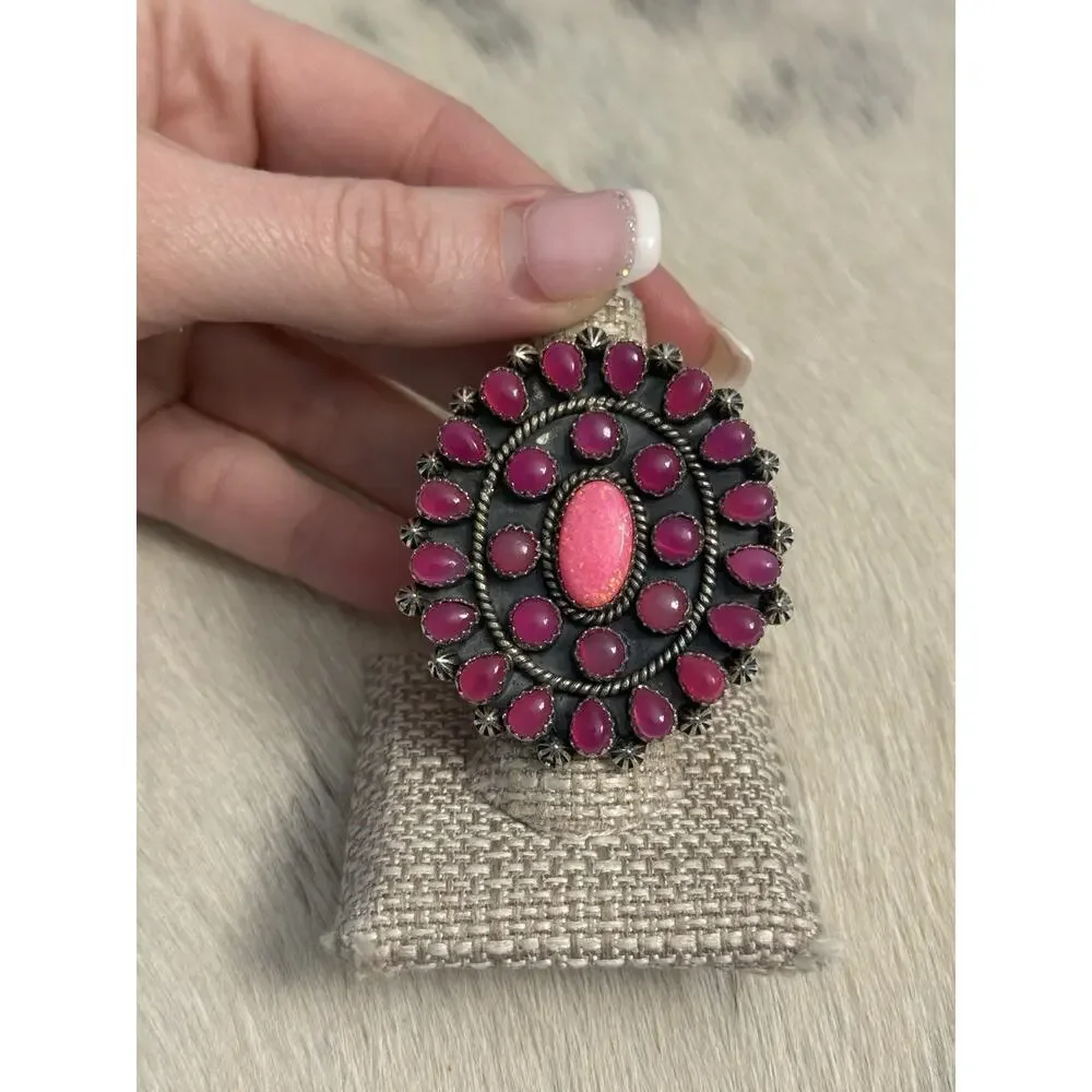 HUGE Sterling Silver Pink Onyx & Pink Fire Opal Flower Cluster Ring 925 Adjust